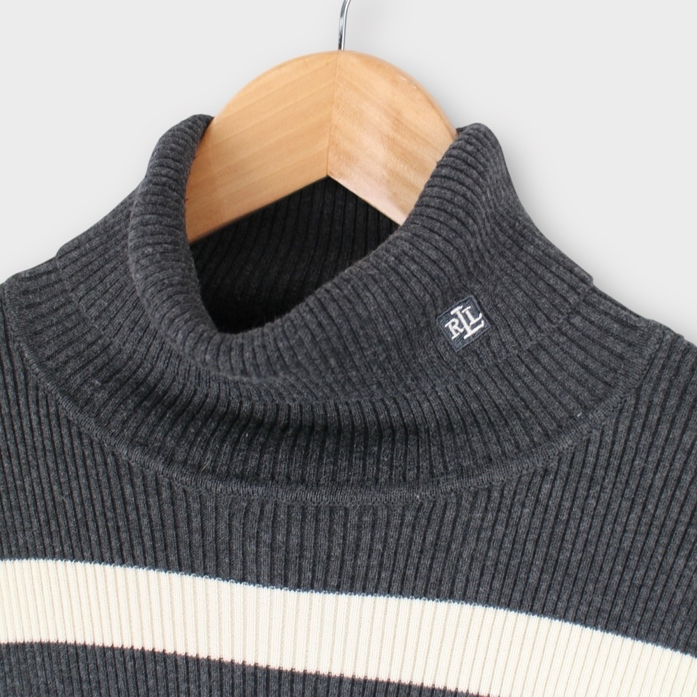 Lauren Ralph Lauren Ribbed Turtleneck Sweater Black Gray Striped Size Large - Picture 3 of 5